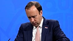 In this file photo dated Thursday, May 27, 2021, Britain's Health Secretary Matt Hancock speaks during a coronavirus media briefing from Downing Street in London.