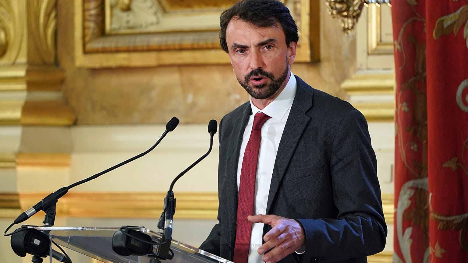 Gregory Doucet delivers a speech during the Lyon council meeting, in Lyon, central France, Saturday, July 4, 2020.