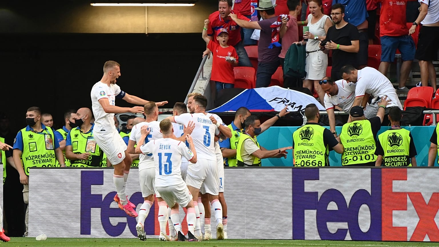 Czech Republic players celebrate after Czech Republic's Tomas Holes scored his side's opening goal.