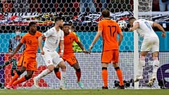 Czech Republic's Tomas Holes, right, scores his sides first goal during the Euro 2020 round of 16 match with Netherlands in Budapest, Hungary, Sunday, June 27, 2021.