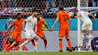 Czech Republic's Tomas Holes, right, scores his sides first goal during the Euro 2020 round of 16 match with Netherlands in Budapest, Hungary, Sunday, June 27, 2021.