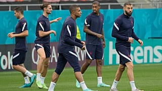 France's Kylian Mbappe warms up during a training session at the National Arena stadium in Bucharest, Romania, Sunday, June 27, 2021.