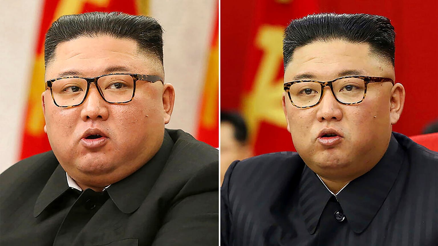 Der nordkoreanische Machthaber Kim Jong Un bei einem Partei-Treffen in Pjöngjang, Nordkorea, am 8.2.2021 (links) und am 15.06.2021 (rechts)