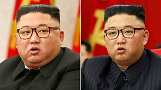 Der nordkoreanische Machthaber Kim Jong Un bei einem Partei-Treffen in Pjöngjang, Nordkorea, am 8.2.2021 (links) und am 15.06.2021 (rechts)