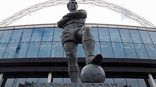 The statue of the late England player Bobby Moore outside Wembley Stadium in London, Tuesday, March 17, 2020. England face Germany at the venue today at Euro 2020.