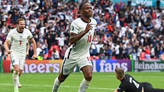 Raheem Sterling celebrates scoring against Germany