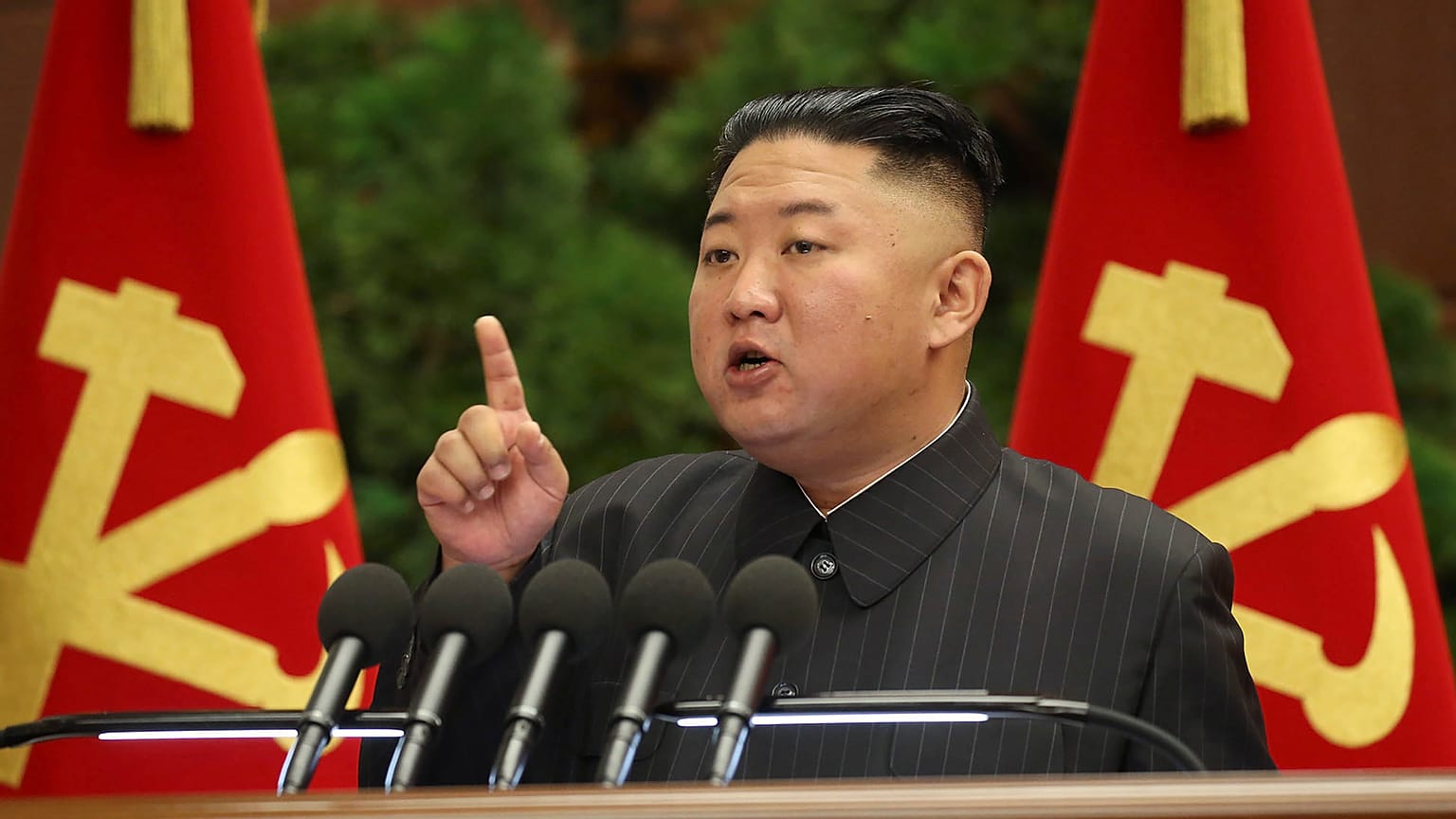 North Korean leader Kim Jong Un speaks during a Politburo meeting of the ruling Workers’ Party in Pyongyang, North Korea, Tuesday, June 29, 2021. 