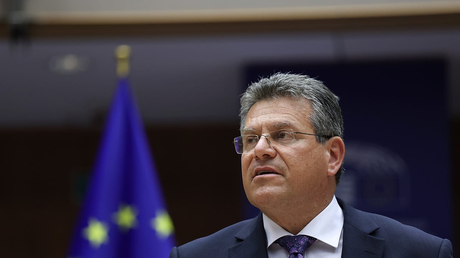 European Commissioner for Inter-institutional Relations and Foresight Maros Sefcovic at the European Parliament in Brussels on June 23, 2021. 