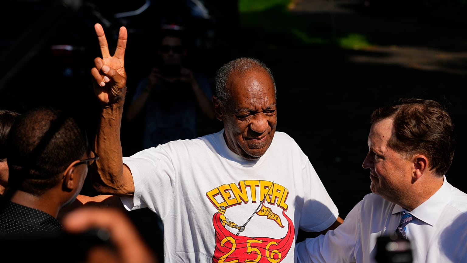 Comedian Bill Cosby reacts outside his home in Elkins Park, Pa., Wednesday, June 30, 2021, after being released from prison.