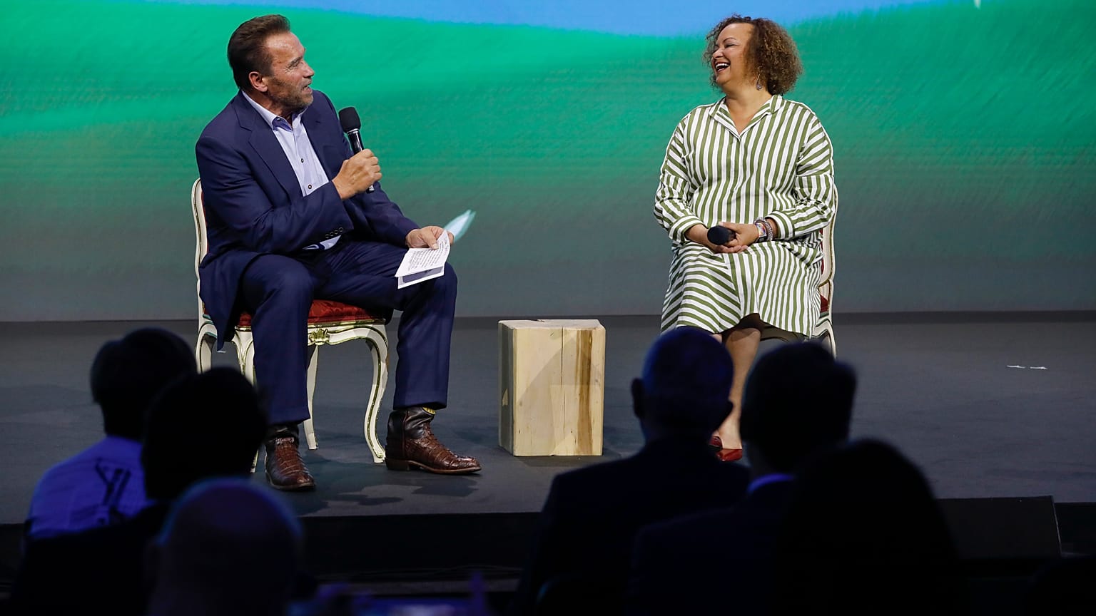 Arnold Schwarzenegger and Lisa Jackson from Apple at the Austrian World Summit this week. 