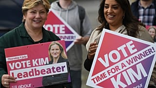 Labour MP Emily Thornberry (L) canvassing for candidate Kim Leadbeater, in Batley, West Yorkshire on June 26, 2021, ahead of the July 1 Batley and Spen by-election.