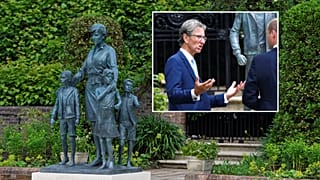 Diana szobra és az alkotó, Ian Rank-Broadley a szobor avatásakor (Vilmos herceggel beszélget)