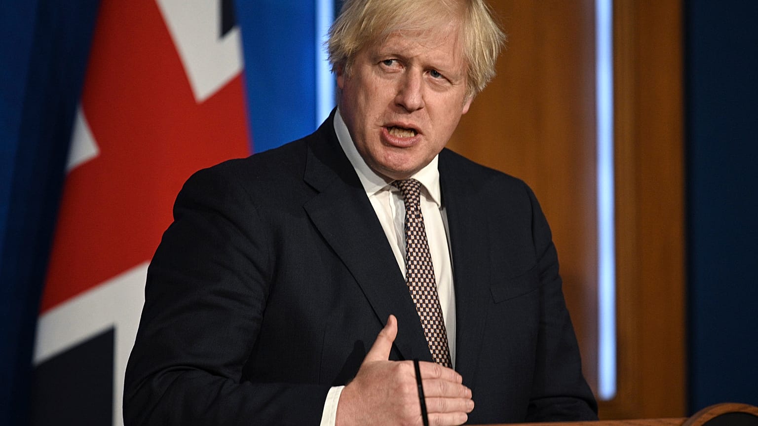 Britain's Prime Minister Boris Johnson speaks during a media briefing on coronavirus in Downing Street, London, Monday, July 5, 2021.