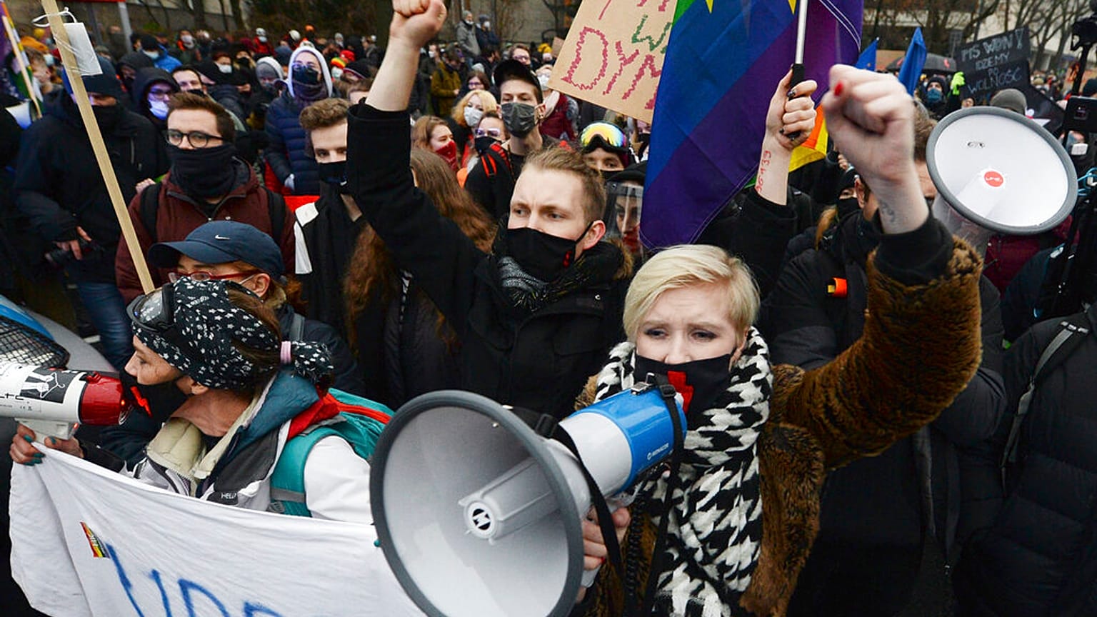 Women protest the newly-introduced, prohibitive abortion law Warsaw on January 27, 2021 