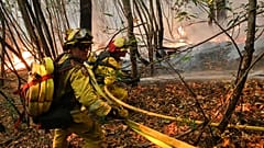 Des pompiers luttant pour éteindre un incendie de forêt le 12 octobre 2017, en Californie.