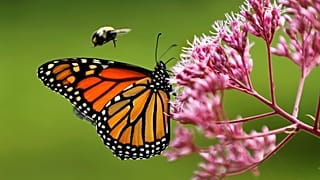 فراشة الملك تحتسي رحيق زهور وبالقرب منها نحلة تطير. 2019/08/28