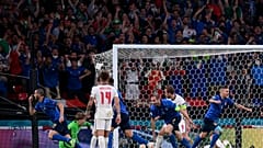 Italy's Leonardo Bonucci, left, celebrates after scoring his side's first goal during the Euro 2020.