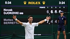 Serbia's Novak Djokovic celebrates his victory over Italy's Matteo Berrettini in the men's singles final at Wimbledon, London, July 11, 2021.