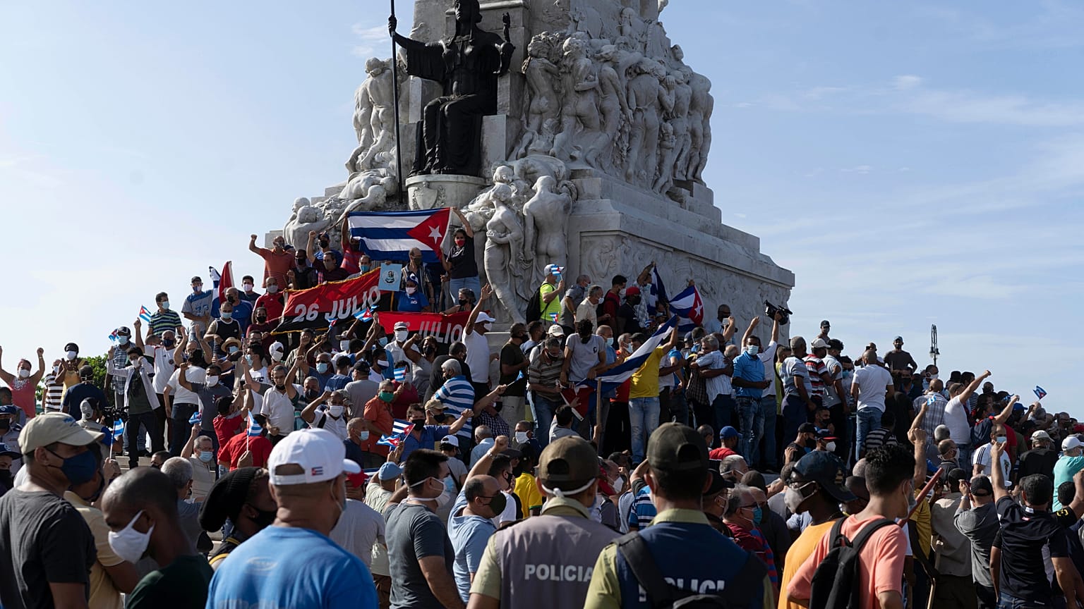 Anti-government protesters gather at the Maximo Gomez monument in Havana, Cuba