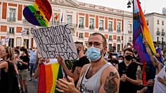 People protest after a spike in attacks on LGBTQ people, Madrid, Spain, Sunday, July 11, 2021.