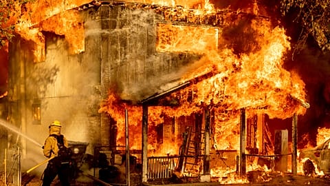 A firefighter sprays water while trying to stop the Sugar Fire, part of the Beckwourth Complex Fire, from spreading to neighbouring homes in Doyle, California.