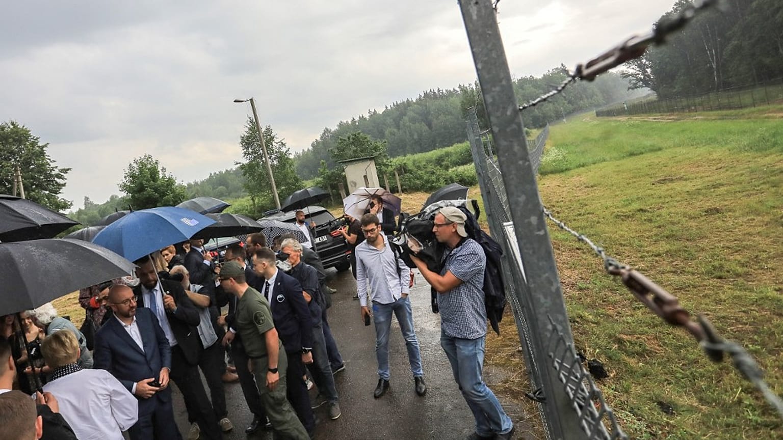 European Council President Charles Michel visits the border line close to Belarus in Medininkai, Lithuania