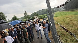 European Council President Charles Michel visits the border line close to Belarus in Medininkai, Lithuania
