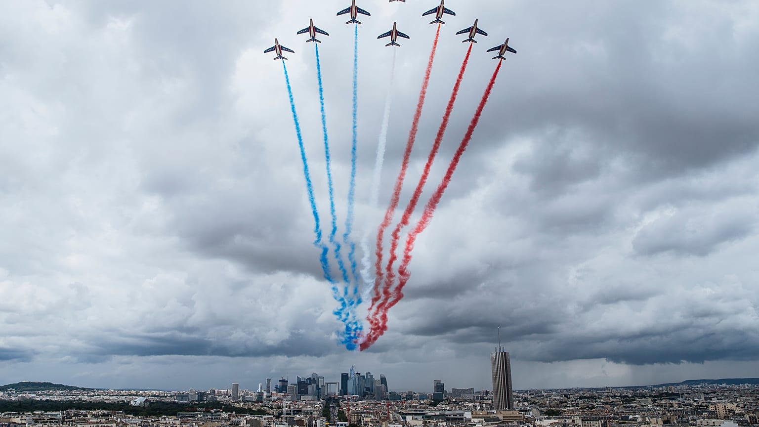 French Air Force Patrouille de France perform during a rehearsal for the Bastille Day parade in Paris Monday, July 12, 2021