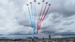 French Air Force Patrouille de France perform during a rehearsal for the Bastille Day parade in Paris Monday, July 12, 2021