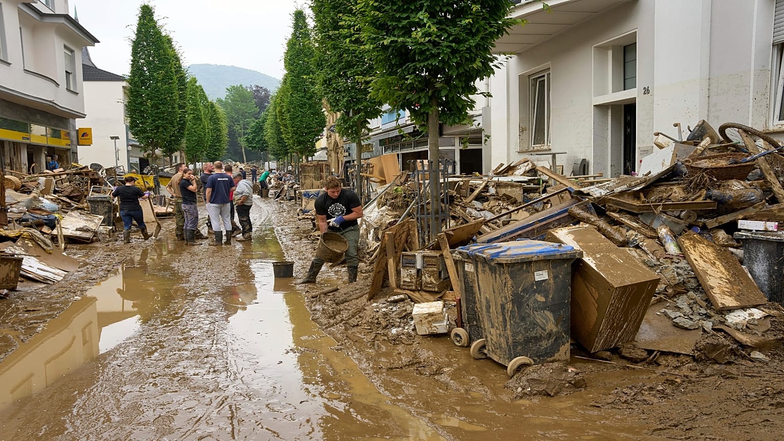 Residents clear mud and unusable furniture from houses in the city center of Bad Neuenahr, western Germany, Saturday, July 17, 2021. 