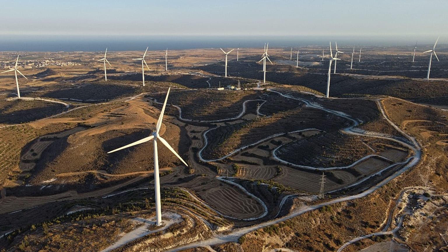 Windmills at the Alexigros wind farm near Cyprus' southern coastal city of Larnaca