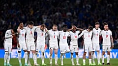 English players during the penalty shootout of the Euro 2020 final match between England and Italy at Wembley stadium in London, July 11, 2021. 