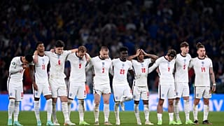English players during the penalty shootout of the Euro 2020 final match between England and Italy at Wembley stadium in London, July 11, 2021.