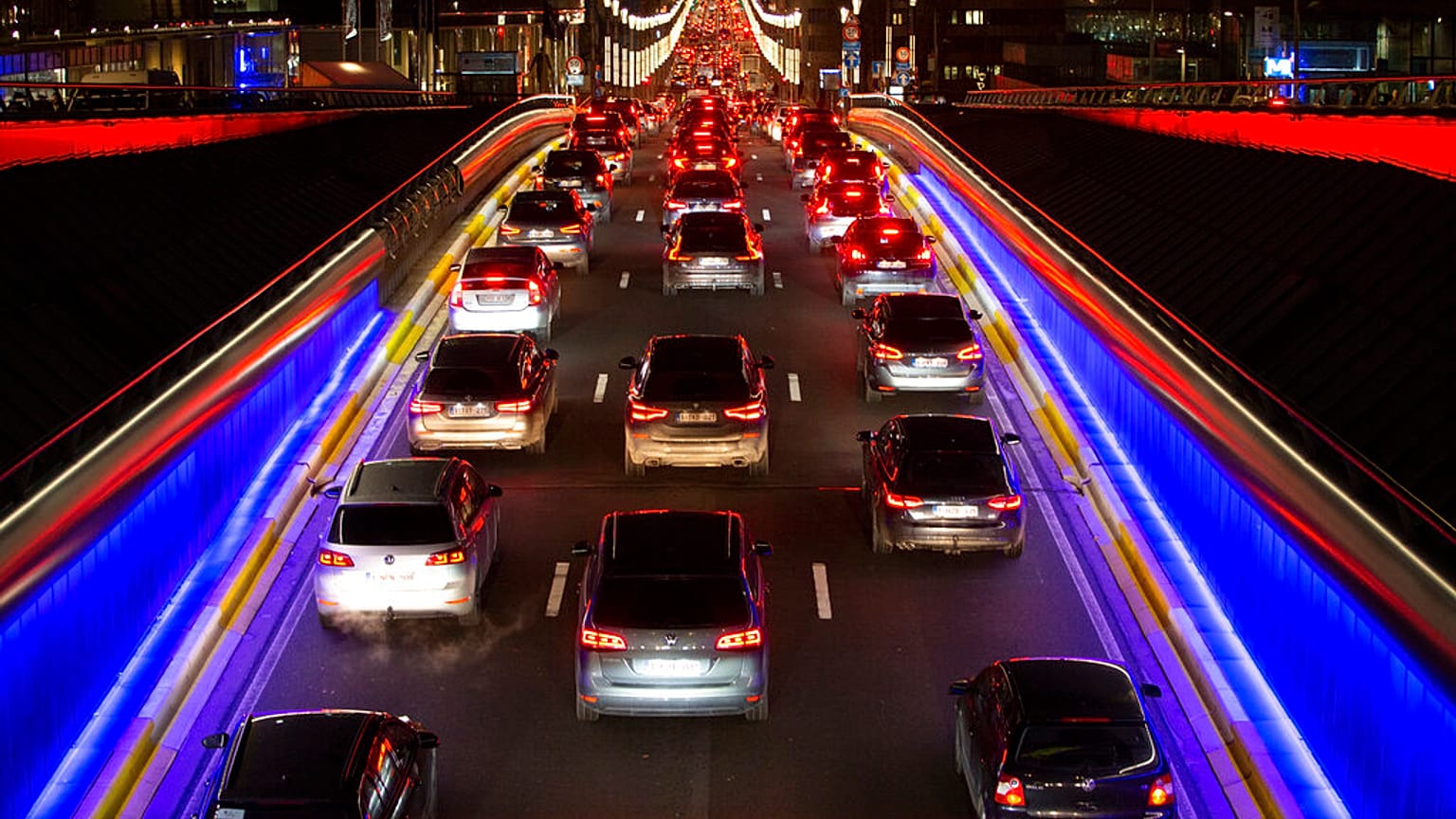  In this Thursday, Dec. 12, 2019 file photo, cars sit at a standstill during morning rush hour on a main artery in the European Quarter of Brussels. 