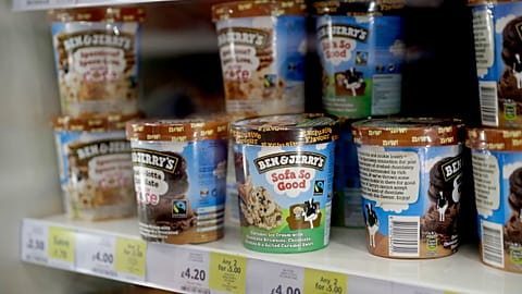 File photo of containers of "Ben & Jerry’s", an ice cream brand owned by Unilever, stand on sale in a Tesco branch in central London, Thursday, Oct. 13, 2016.
