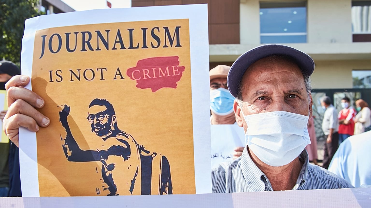 Supporters outside the trial of Moroccan journalist Omar Radi in September 2020. Radi was one of the alleged victims of government spying using Pegasus spyware. 