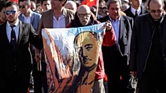 An image of Gen. Francisco Franco is pictured during a gathering outside the Mingorrubio cemetery where the Spanish dictator is now laid to rest.