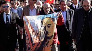 An image of Gen. Francisco Franco is pictured during a gathering outside the Mingorrubio cemetery where the Spanish dictator is now laid to rest.