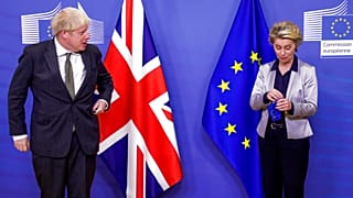European Commission President Ursula von der Leyen welcomes British Prime Minister Boris Johnson prior to a meeting at EU headquarters.