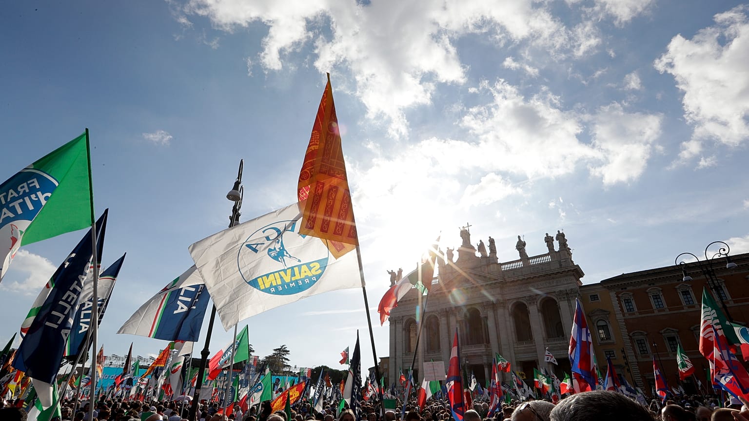 A flag of the Italian League party is seen at a 2019 political rally in Rome.
