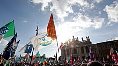 A flag of the Italian League party is seen at a 2019 political rally in Rome.
