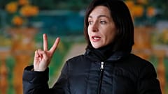 Maia Sandu speaks to people during a meeting in Loganesti, Moldova.
