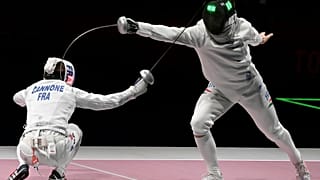 Siklósi Gergely és a francia Romain Cannone a férfi párbajtőrözők egyéni versenyének olimpiai döntőjében