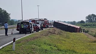 Emergency crews work at the site of a bus accident near Slavonski Brod, Croatia