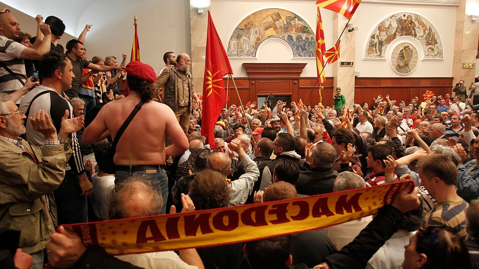 Scores of protesters broke through a police cordon and entered Macedonian parliament in April 2017.