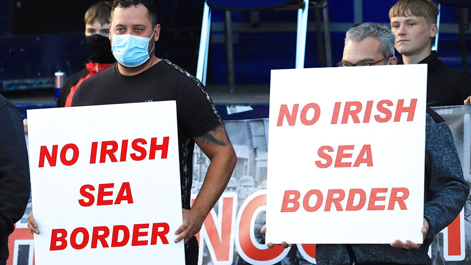 Loyalists opposed to the Northern Ireland Protocol protest in Newtownards town centre, Northern Ireland, Friday, June 18, 2021.