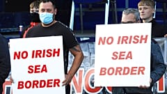 Loyalists opposed to the Northern Ireland Protocol protest in Newtownards town centre, Northern Ireland, Friday, June 18, 2021.