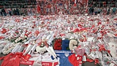 Floral tributes were placed at Anfield's 'Kop' two days after the 1989 disaster.