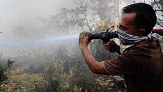 Önkéntes tűzoltó küzd a lángokkal a libanoni Akkar tartományban 2021. július 29-én