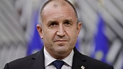 Bulgaria's President Rumen Radev speaks to the media at an EU summit in May.